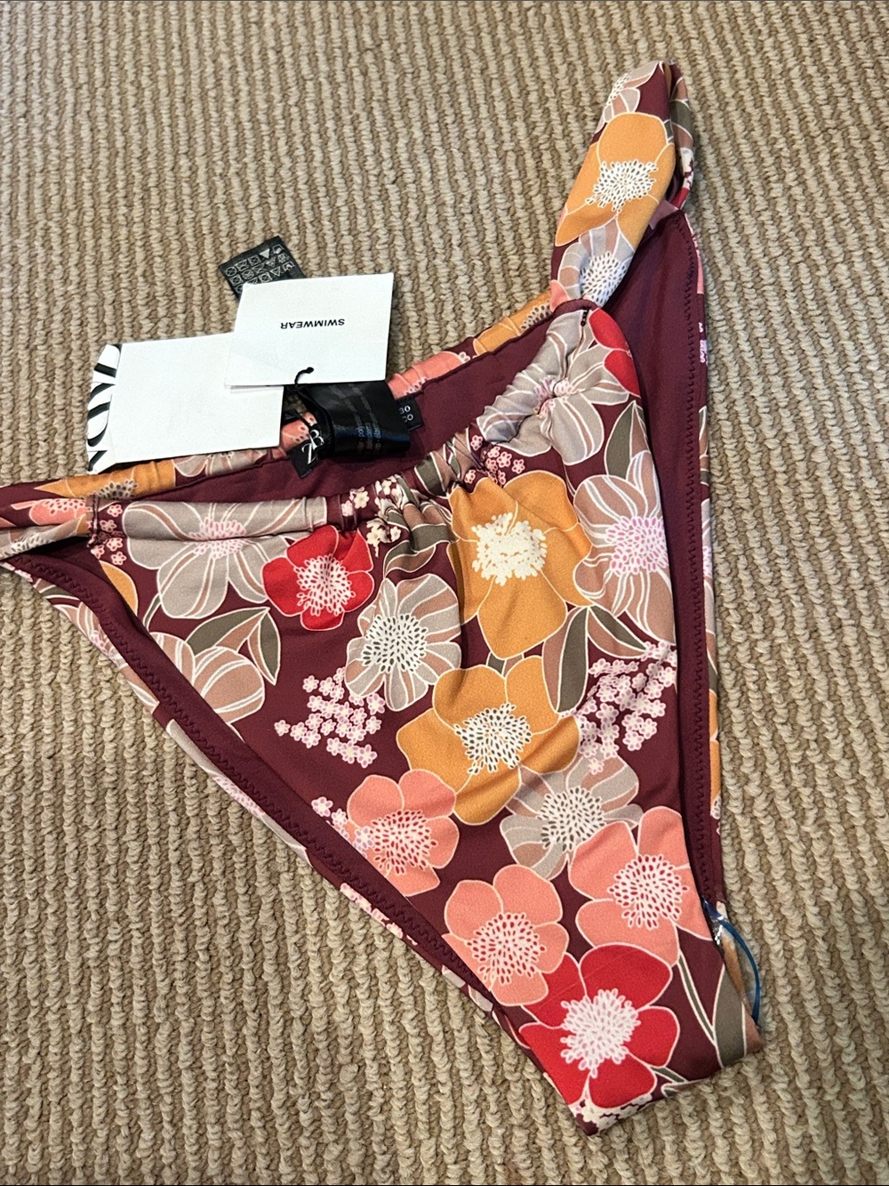 NWT ZARA Retro cheeky Floral Maroon and Mustard Bikini bottoms size S or XL